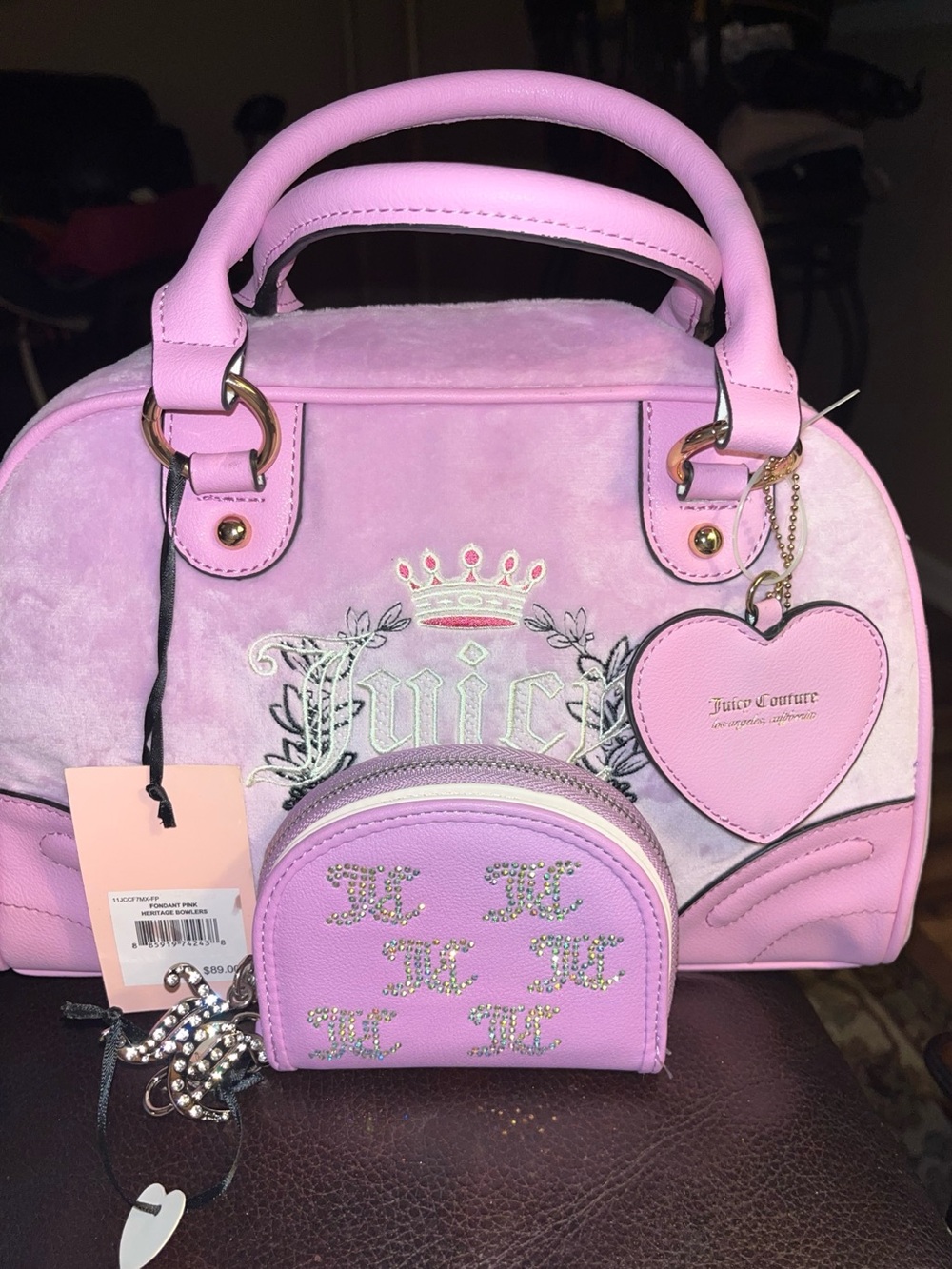 NWT Juicy Couture Faux Velvet Bowler Fondant Handbag with matching wallet